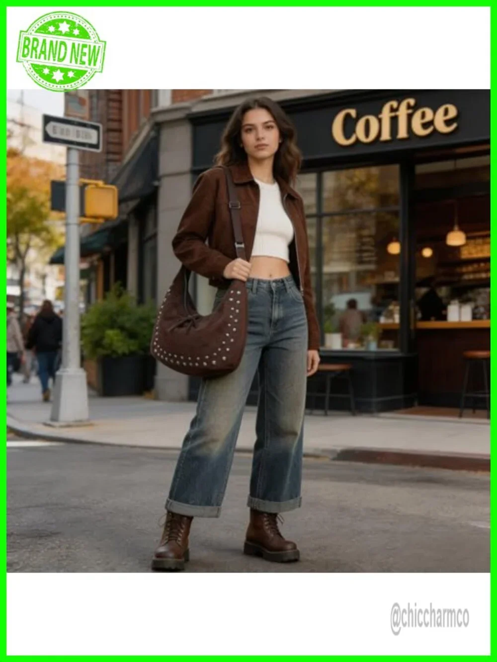 Faux Suede Hobo Bag with Studs - Adjustable Crossbody Shoulder Purse